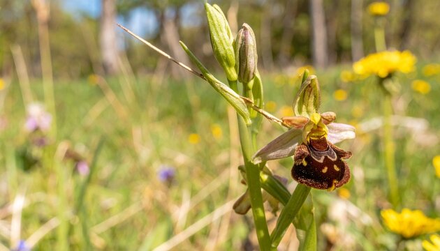 Close-up of wild bee orchid flower with bee mimicry in spring meadow