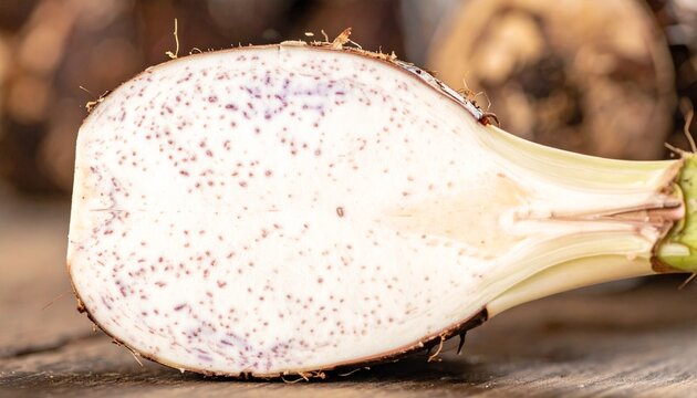Macro cross-section of fresh taro corm with purple-speckled white flesh on wooden surface