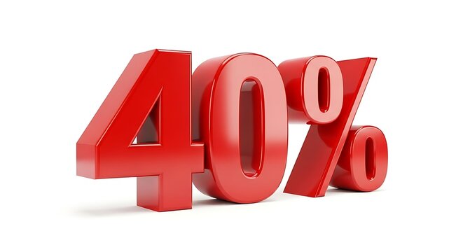 Large three-dimensional forty percent discount icon in bright red, ideal for highlighting major price reductions in retail stores.