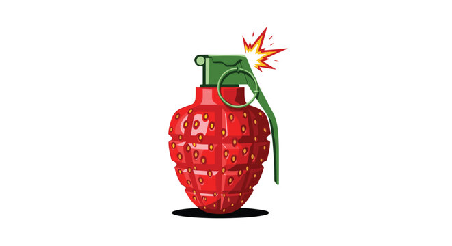Creative conceptual illustration of a red strawberry fruit designed in the shape of a hand grenade with a pin and sparks.