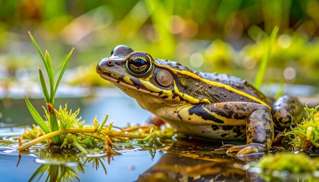 Natterjack Toad Emerging from Pond Water Amidst Spring Vegetation