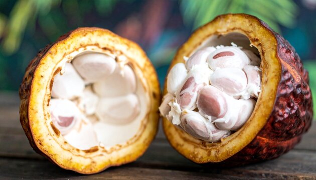Fresh cacao pod cross-section with white pulp and seeds on wooden surface