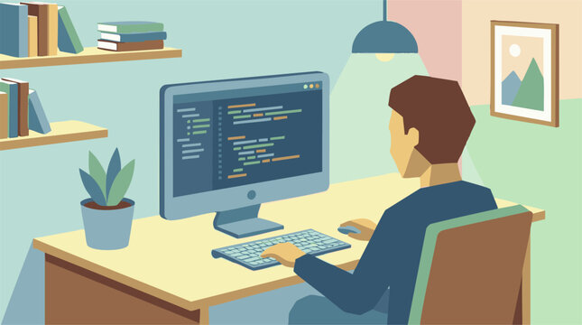 Minimalist illustration of a person coding on a desktop computer in a workspace