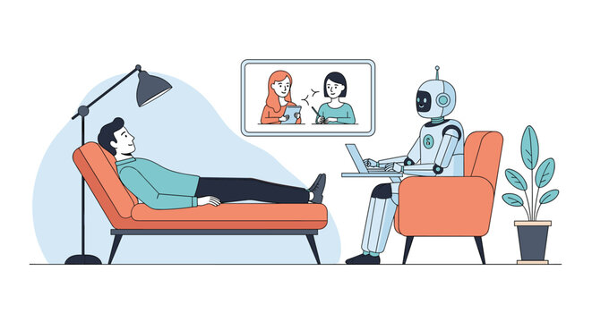 Man lies on an orange therapy couch while a robot psychiatrist takes notes on a laptop during a virtual mental health session in a modern office.