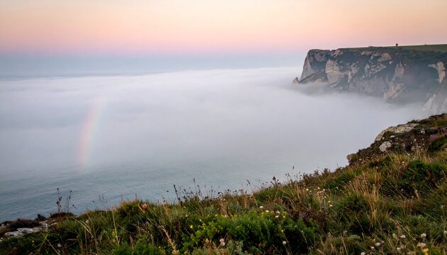 Misty coastal cliff with fog bow over serene ocean at sunrise