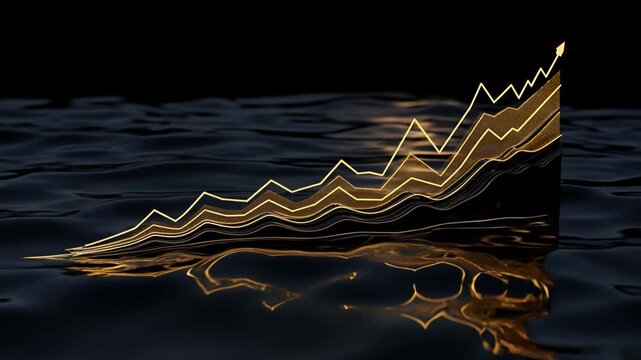 Golden Rising Line Graph Animation on Dark Rippling Water for Business Growth and Finance