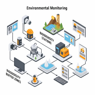 Environmental monitoring system with stations and buffer zones.