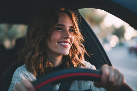 A young woman smiles joyfully while driving a car, enjoying a moment of freedom and confidence on the road.
