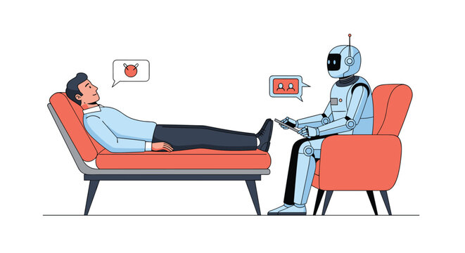 Conceptual scene showing a man lying on a therapist's couch and talking to a robot seated in an armchair representing artificial intelligence use in therapy.