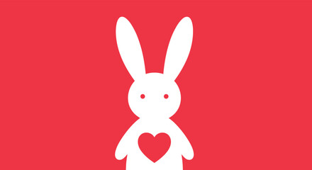Obraz premium Minimalist illustration of a white rabbit silhouette with long ears and a red heart on its chest set against a solid red background.