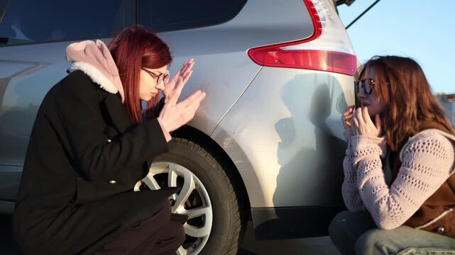 Two women argue near scratched car body one blames another after minor accident stress conflict outdoor parking situation damage on vehicle side tense emotional moment