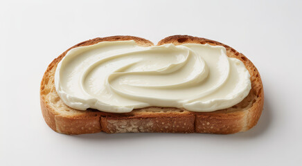 Fototapeta premium Single slice of toasted bread topped with a thick layer of smooth white cream cheese, view