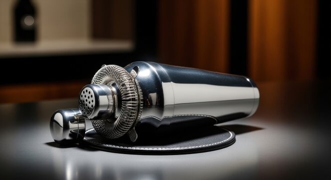 Polished silver cocktail shaker with strainer detail resting on a dark circular mat