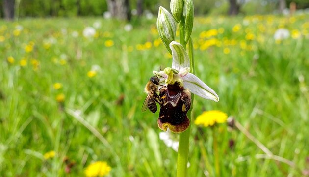 Close-up of bee orchid flower mimicking insect in spring meadow with dandelions