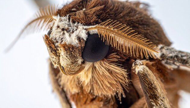 Close-up of male silk moth with feathered bipectinate antenna for pheromone detection