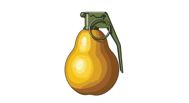 Creative illustration of a ripe yellow pear designed to look like a military hand grenade with a pin and lever.