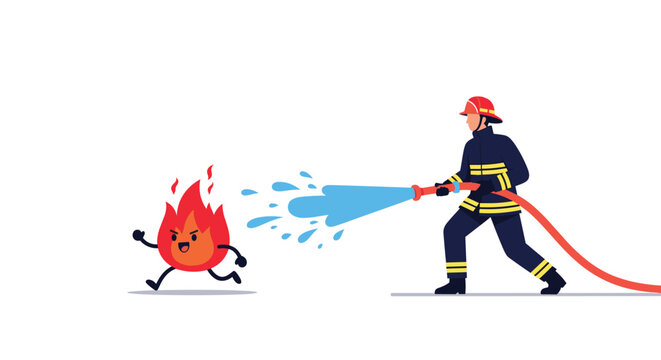 Brave firefighter in full uniform spraying a high-pressure water hose at a running cartoon fire character in action.