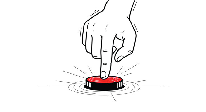 Human hand about to press a large red emergency or start button, depicted in a simple black and white line art style with red accent.