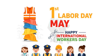 Fototapeta premium Happy International Workers Day celebration featuring diverse professionals, safety gear, and symbolic tools.