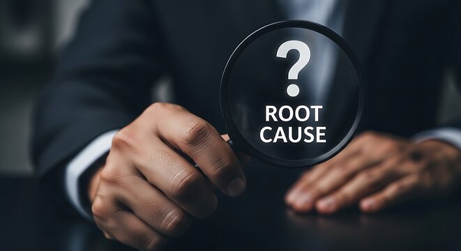 Man in suit holding magnifying glass with root cause text question mark
