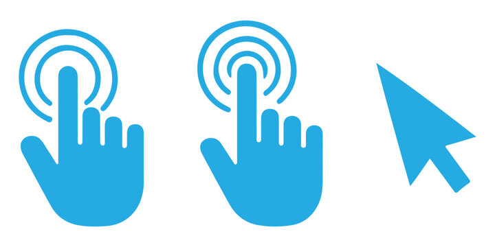 Touch screen finger hand press push &ndash; vector icon set. Mouse cursor and pointer hand icon set, web click and navigation arrow silhouettes, digital interface elements for website and app design. 