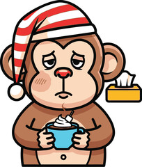 Fototapeta premium A cartoon monkey wearing a Santa hat and holding a mug of hot chocolate looks sick and unhappy next to a tissue box.