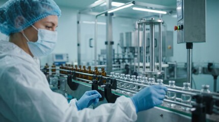 Naklejka premium A person in protective gear works on a pharmaceutical production line with bottles moving on a conveyor