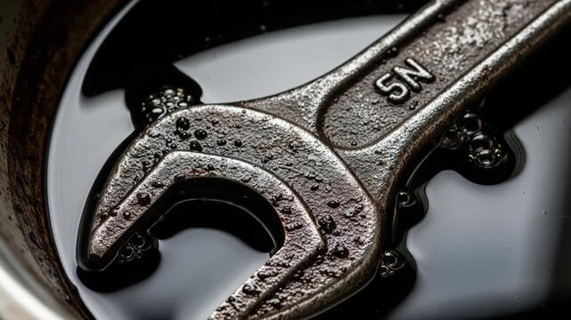 Metal wrench submerged in dark industrial oil, close-up macro shot for maintenance and repair concepts
