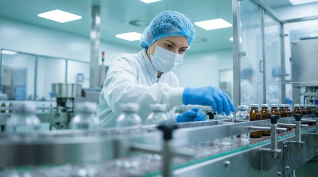 Woman in sterile clothing working on pharmaceutical production line with vials and bottles