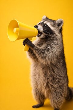 Fluffy raccoon standing on hind legs holding a bright yellow megaphone with mouth open against a solid yellow background