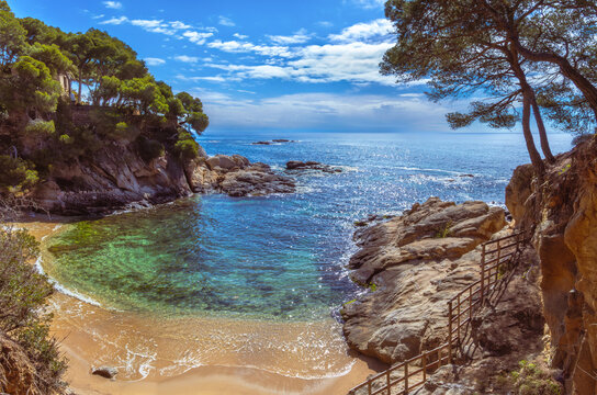 Panoramic view from the top of a secluded cove with crystal clear turquoise waters and rocky cliffs, and the Cam&iacute; de Ronda winding protected by wooden fences along the Costa Brava in Platja d'Aro.
