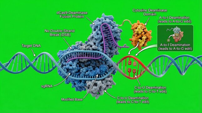 A detailed illustration of the CRISPR-Cas9 gene editing process with labeled components on a green background