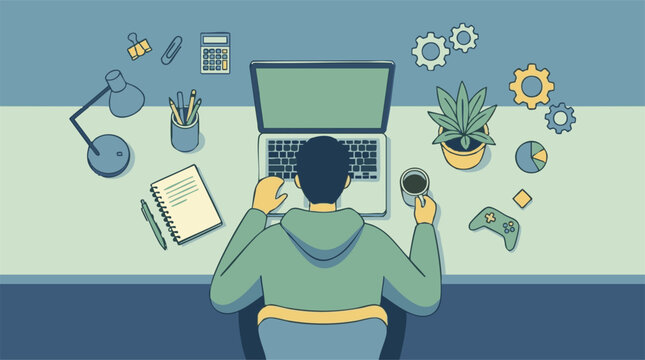 Overhead view of person working at desk with laptop, coffee, and office items