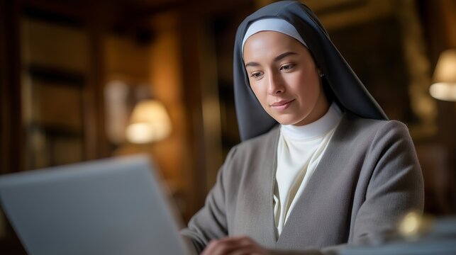 Young nun in modern habit using laptop in convent library, combining traditional religious vocation with technology for online ministry and community outreach, ideal for faith and innovation, and