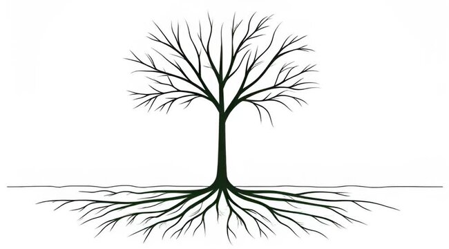 minimal line art animation of tree growing from ground, roots spreading, continuous smooth drawing motion