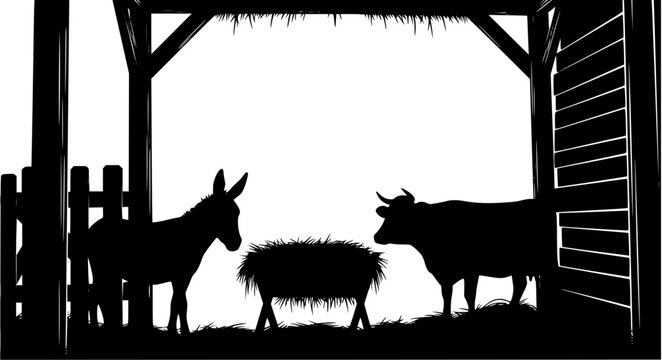 Nativity Stable Vector Icons &ndash; Manger Donkey Cow Silhouettes