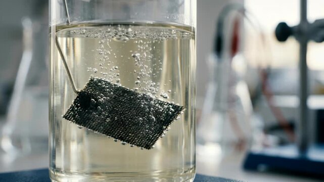 Porous metal electrode sensor experiment producing bubbles transparent solution during laboratory green chemistry test with catalytic textile immersed