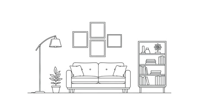 A minimalist line drawing depicts a living room with a sofa lamp and wall decor
