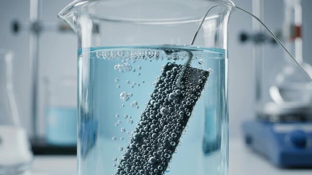 Clean energy green chemistry electrode electrolysis releasing gas bubbles laboratory beaker solution experiment conveying sustainable energy research