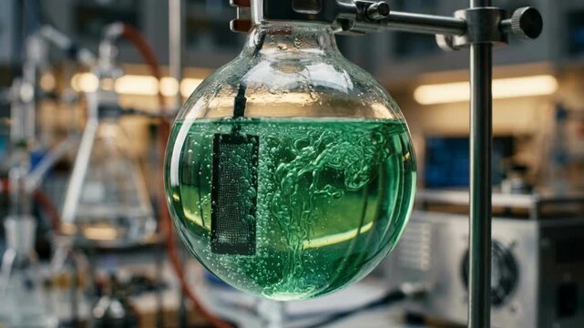 Green clean chemistry laboratory flask with bubbling emerald solution stirring and swirling green solution for sustainable clean energy experiment