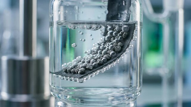 Clean energy chemistry green catalyst pellet bead bubble porous catalyst beads release bubbles clear laboratory reactor glass stirring vessel