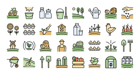 Complete Agriculture and Livestock Icon Set: Color Flat Vectors for Web Design, Educational Content, and Farm Branding © Chistoprudnaya