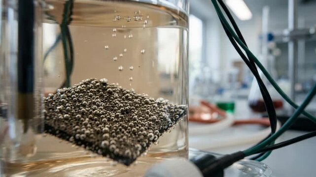 Clean energy chemistry laboratory experiment electrode catalyst metal beads producing hydrogen bubbles in electrochemical science experiment