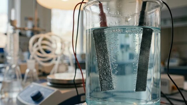 Electrodes beaker produce bubbles laboratory glassware during clean green chemistry experiment showcasing sustainable energy chemistry and water