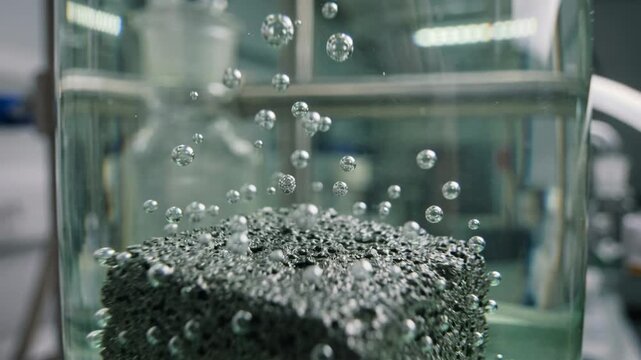 Clean energy chemistry green chemistry sponge catalyst releasing bubbles laboratory glass reactor with clear liquid experiment producing hydrogen