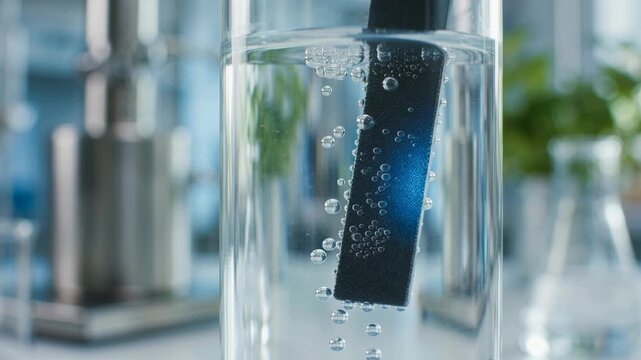 Clean electrochemical sensor strip electrode submerged in laboratory glass of water releasing bubbles for sustainable green chemistry testing