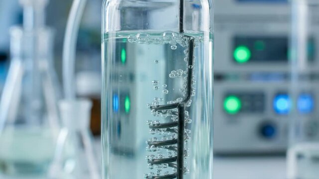Electrochemical reactor glass vessel with bubbling water and electrode laboratory instrumentation showcasing clean green chemistry energy chemistry
