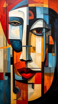 Geometric portrait with vibrant colors, showcasing a stylized human face composed of rectangular and angular shapes