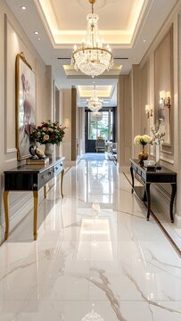 Long corridor showcasing luxury design. Reflective marble floor, ornate lighting, and refined furnishings create an elegant space