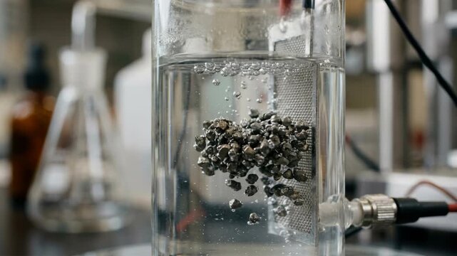 Clean energy chemistry experiment showing metal catalyst particles suspended clear laboratory beaker solution with bubbling suspension and metallic